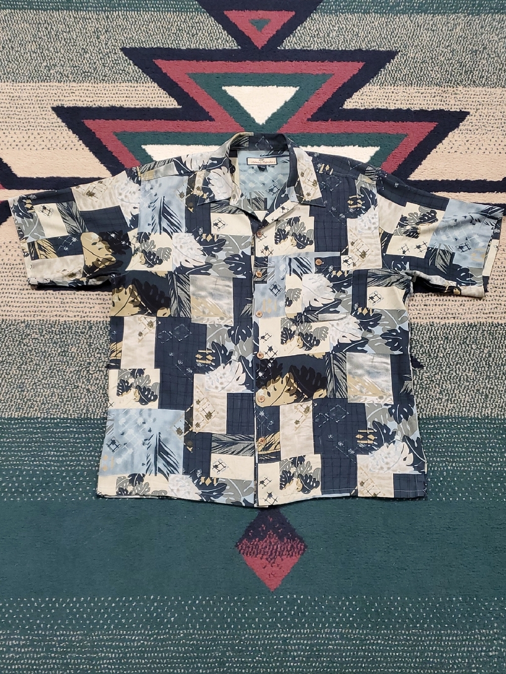 Tommy Bahama Blue and Cream Patchwork Floral Short-Sleeve Button-Up